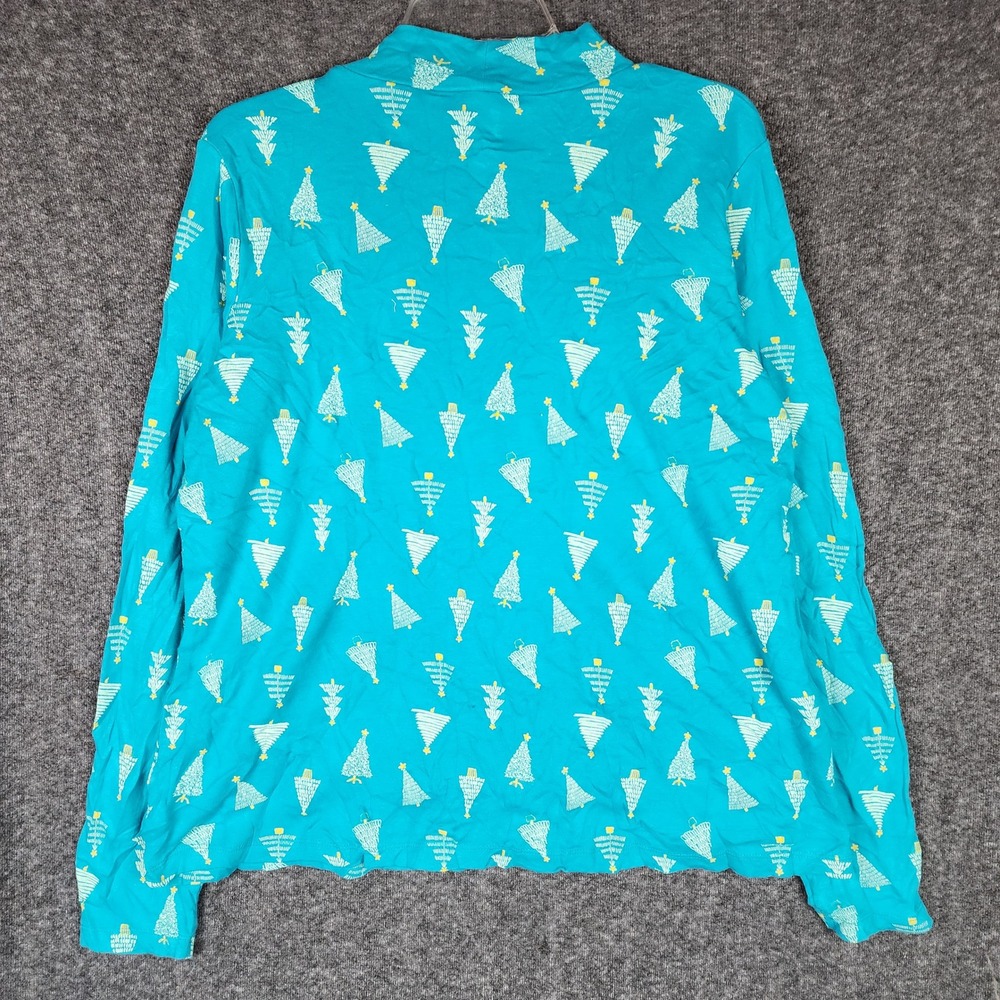 Kim Rogers Top Womens L Perfectly Soft Teal Blue Christmas Tree Mock Neck EUC